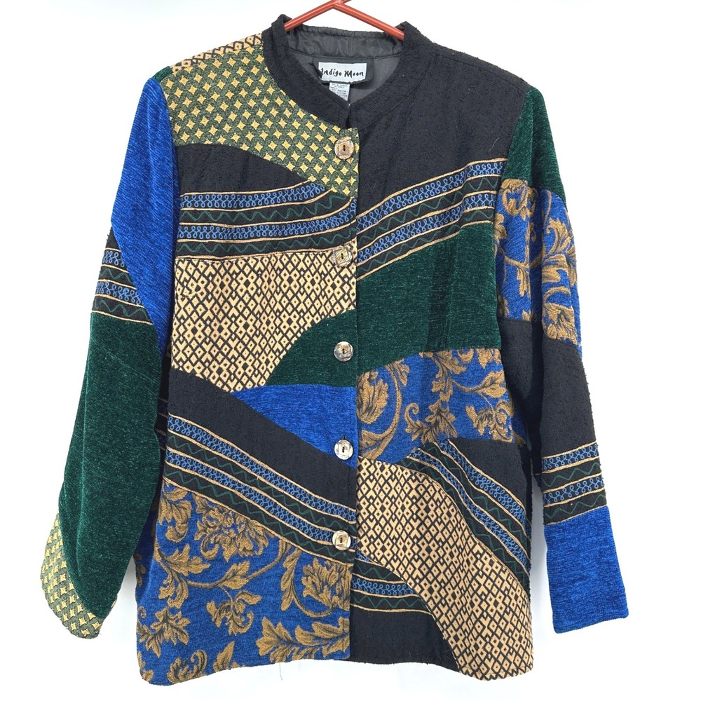 VTG Indigo Moon Patchwork Jacket Womens Large Art Lagenlook Tapestry Boho Whimsi